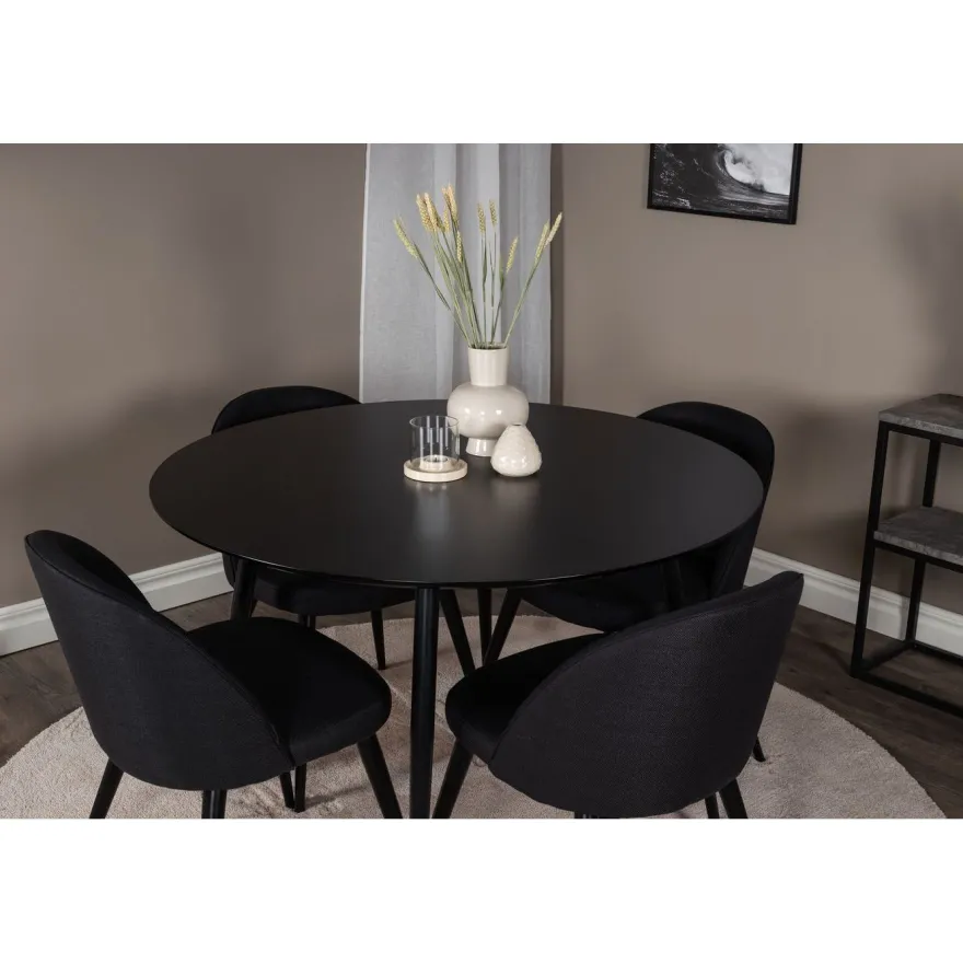 Ruokailuryhmä Venture Home, ⌀100cm musta Silar-pöytä + 4 mustaa Velvet-tuolia