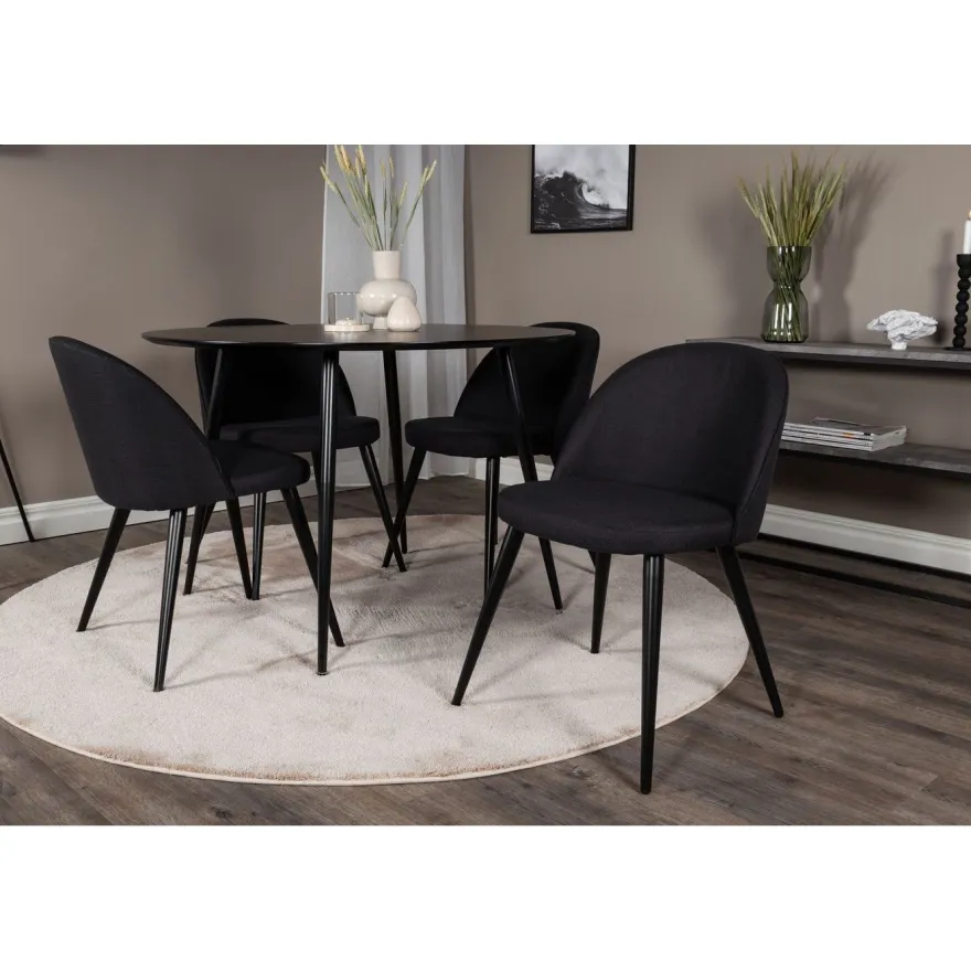 Ruokailuryhmä Venture Home, ⌀100cm musta Silar-pöytä + 4 mustaa Velvet-tuolia