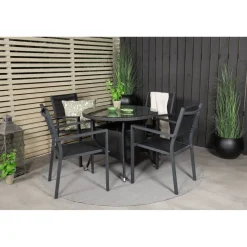 Ruokailuryhmä Venture Home, ø90cm musta Volta-pöytä + 4 pinottavaa Copacabana-tuolia