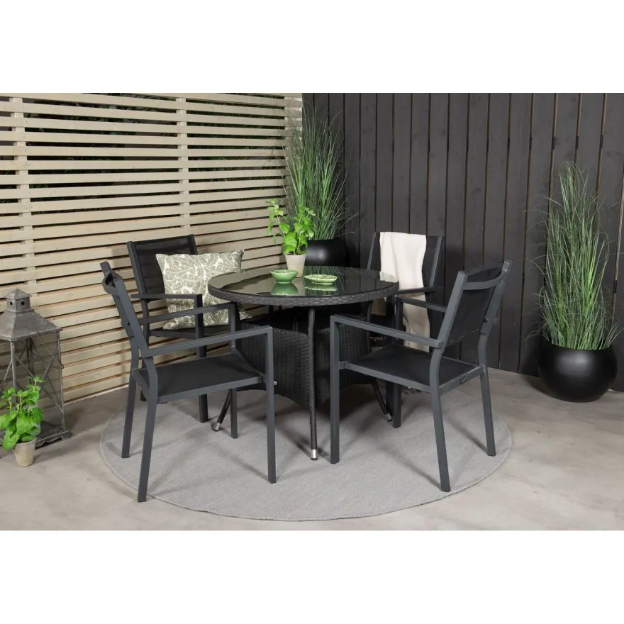 Ruokailuryhmä Venture Home, ø90cm musta Volta-pöytä + 4 pinottavaa Copacabana-tuolia