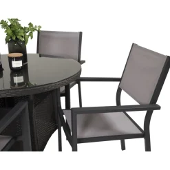Ruokailuryhmä Venture Home, ø90cm musta Volta-pöytä + 4 pinottavaa Copacabana-tuolia