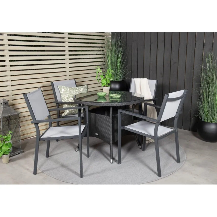Ruokailuryhmä Venture Home, ø90cm musta Volta-pöytä + 4 pinottavaa Copacabana-tuolia