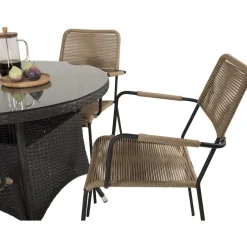 Ruokailuryhmä Venture Home, ø90cm musta Volta-pöytä + 4 ruskeaa Lindos-tuolia