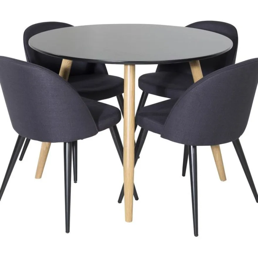 Ruokailuryhmä Venture Home, ⌀100cm Plaza-pöytä + 4 Velvet-tuolia kangasverhoilulla
