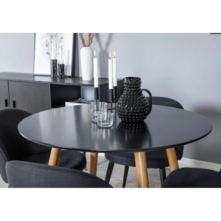 Ruokailuryhmä Venture Home, ⌀100cm Plaza-pöytä + 4 Velvet-tuolia kangasverhoilulla
