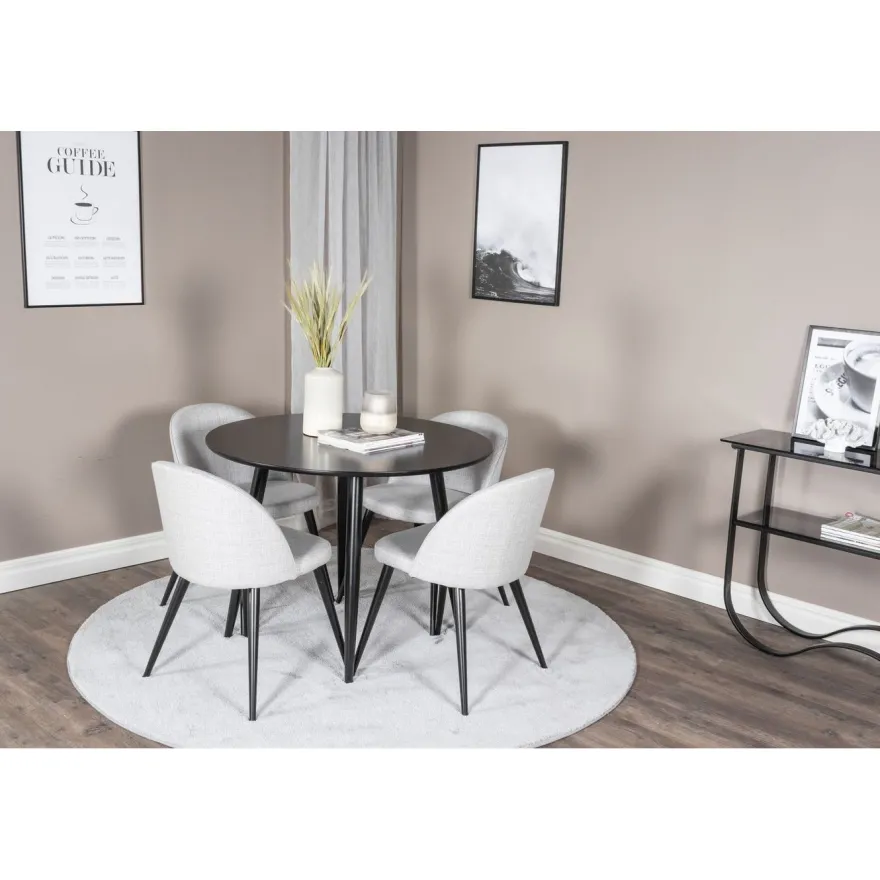 Ruokailuryhmä Venture Home, ⌀100cm Plaza-pöytä + 4 Velvet-tuolia kangasverhoilulla