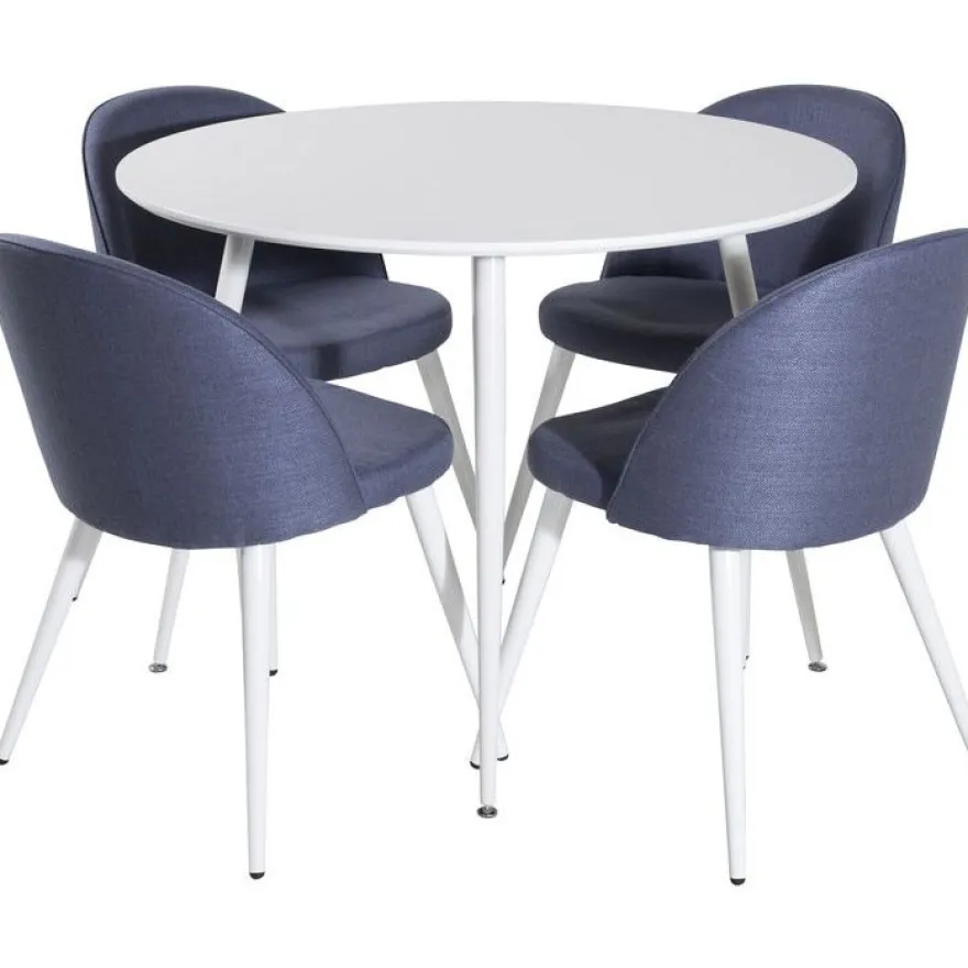 Ruokailuryhmä Venture Home, ⌀100cm Plaza-pöytä + 4 Velvet-tuolia kangasverhoilulla