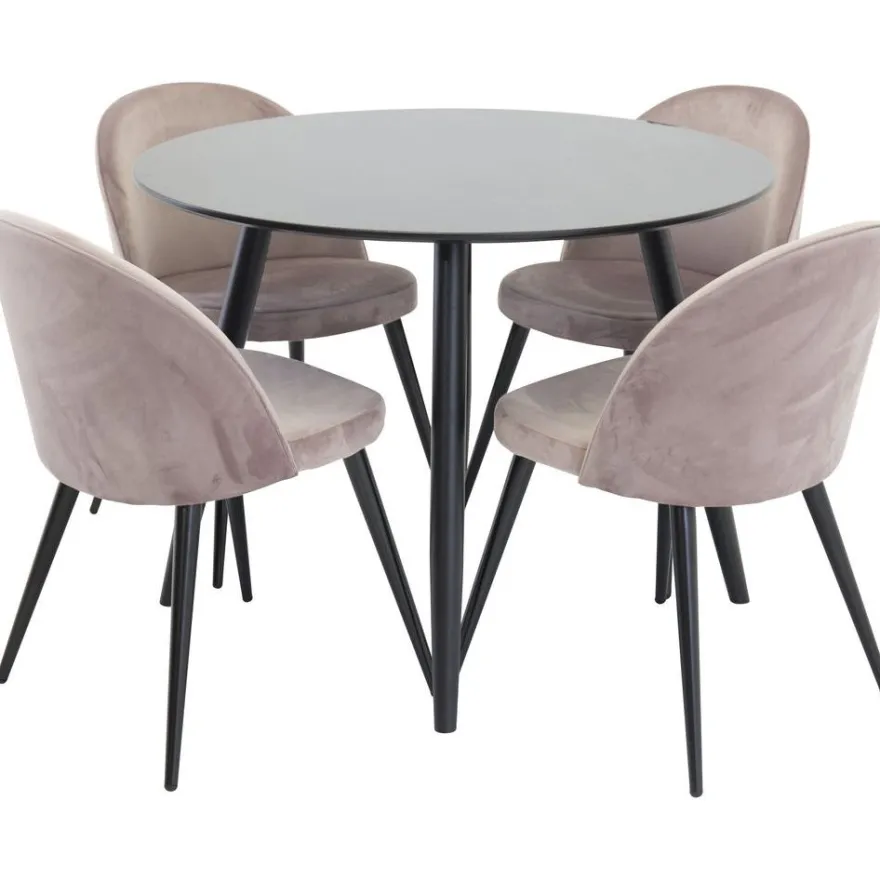 Ruokailuryhmä Venture Home, ⌀100cm Plaza-pöytä + 4 Velvet-tuolia kangasverhoilulla