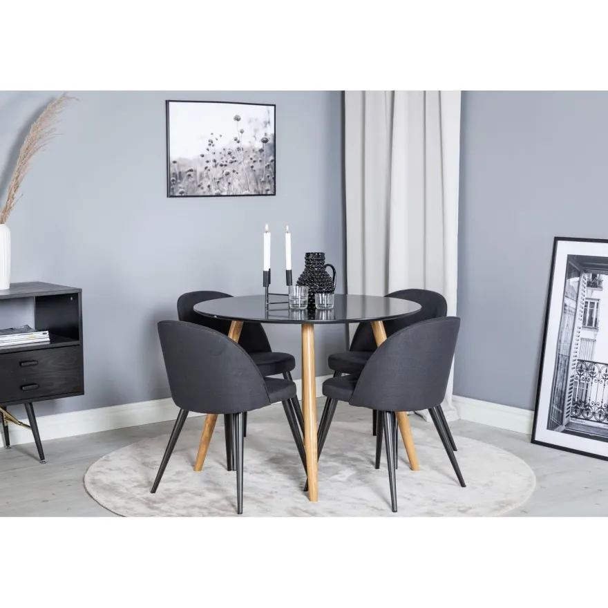 Ruokailuryhmä Venture Home, ⌀100cm Plaza-pöytä + 4 Velvet-tuolia kangasverhoilulla