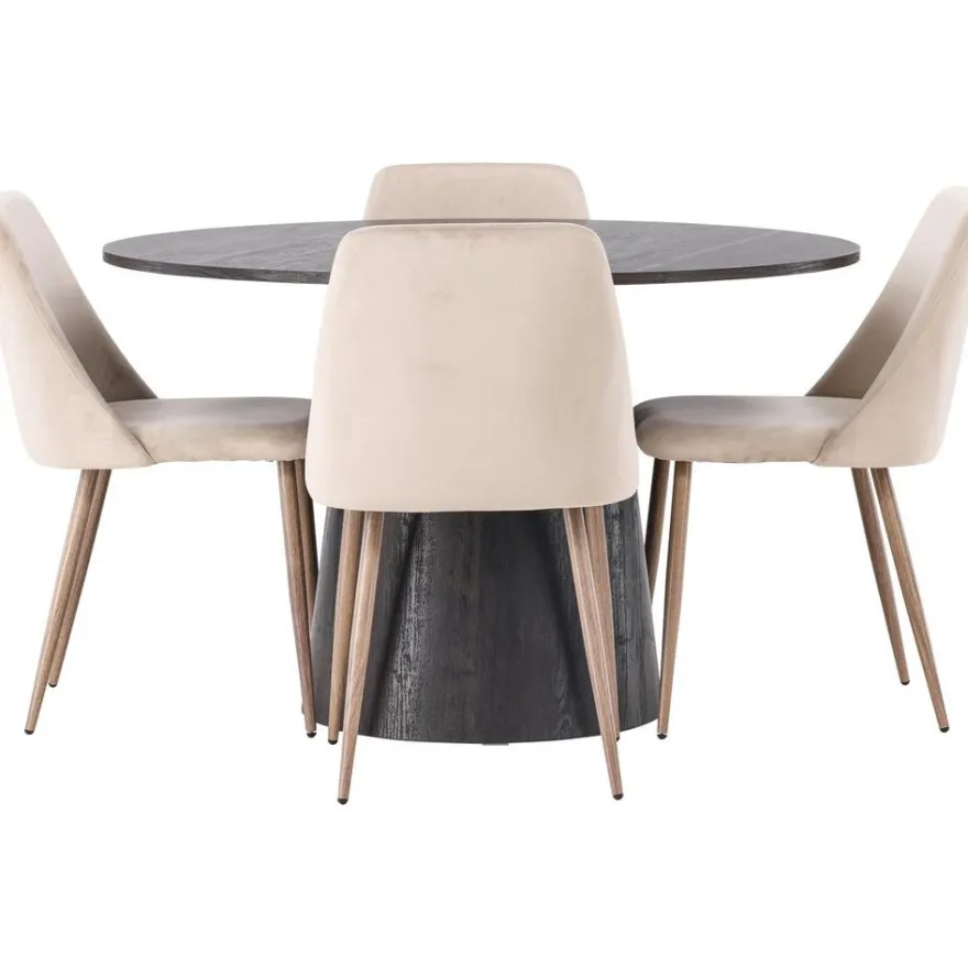 Ruokailuryhmä Venture Home, ⌀120cm tummanruskea Lanzo-pöytä + 4 beigeä Night-tuolia