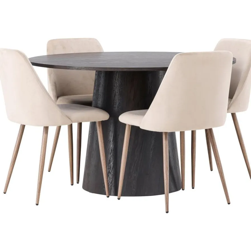 Ruokailuryhmä Venture Home, ⌀120cm tummanruskea Lanzo-pöytä + 4 beigeä Night-tuolia