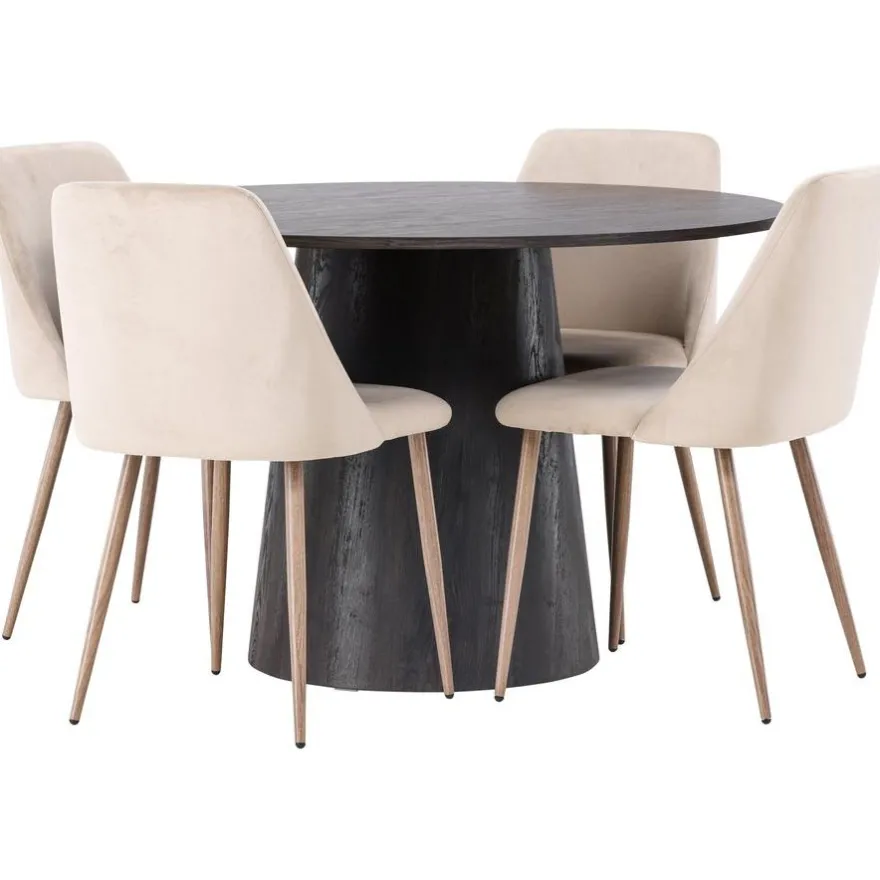Ruokailuryhmä Venture Home, ⌀120cm tummanruskea Lanzo-pöytä + 4 beigeä Night-tuolia