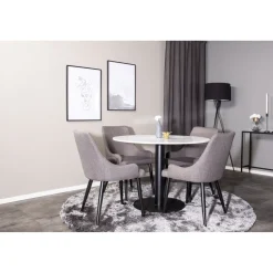 Ruokailuryhmä Venture Home, ⌀106cm valkoinen Estelle-pöytä + 4 harmaata Plaza-tuolia