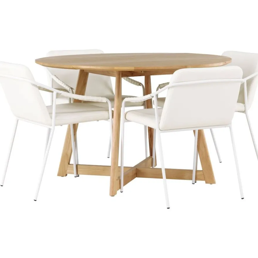 Ruokailuryhmä Venture Home, ⌀120cm Yakidon-pöytä + 4 beigeä Tvist-tuolia, keinonahka