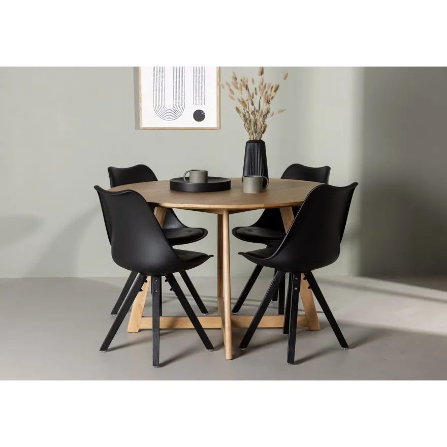 Ruokailuryhmä Venture Home, ⌀120cm Yakidon-pöytä + 4 mustaa Zeno-tuolia