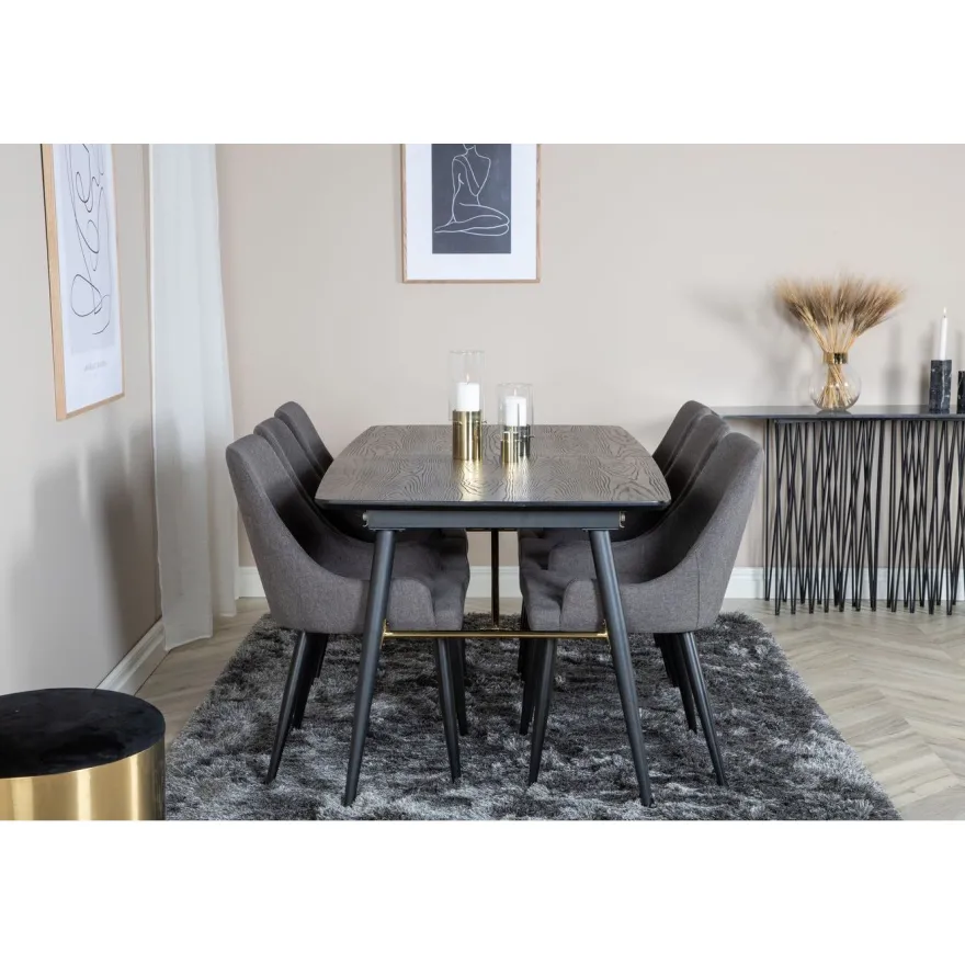 Ruokailuryhmä Venture Home, jatkettava, musta Gold-pöytä + 6 tummanharmaata Plaza-tuolia