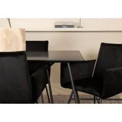 Ruokailuryhmä Venture Home, musta 190x90cm Petra-pöytä + 6 mustaa Petra-tuolia, sametti