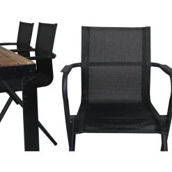 Ruokailuryhmä Venture Home, 205x90cm akaasia/musta Bois-pöytä + 6 mustaa Alina-tuolia