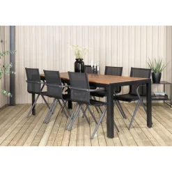 Ruokailuryhmä Venture Home, 205x90cm akaasia/musta Bois-pöytä + 6 mustaa Alina-tuolia