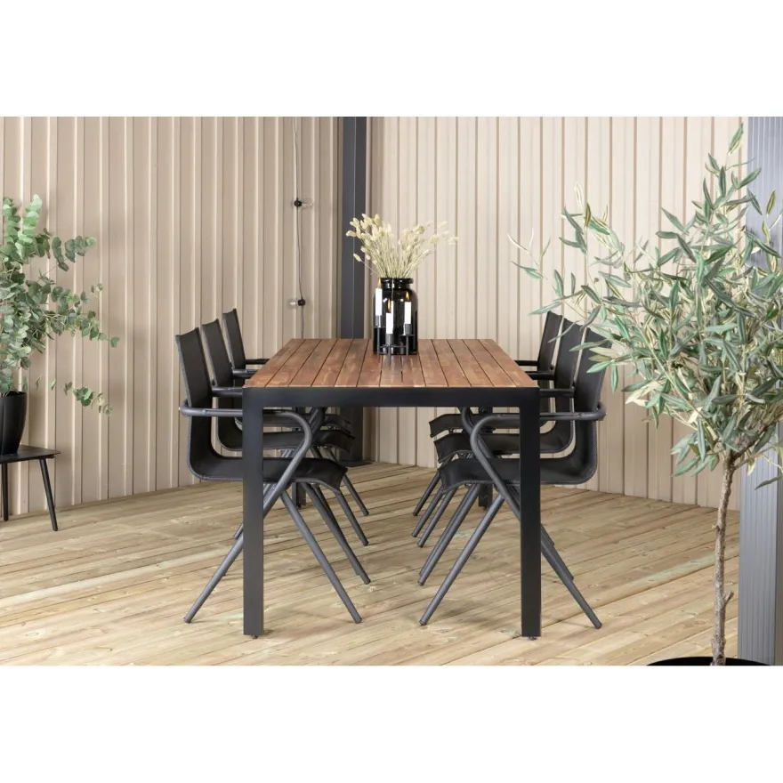 Ruokailuryhmä Venture Home, 205x90cm akaasia/musta Bois-pöytä + 6 mustaa Alina-tuolia