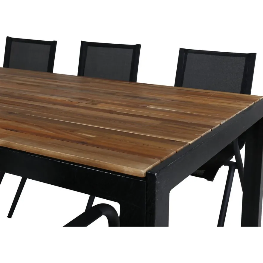 Ruokailuryhmä Venture Home, 205x90cm akaasia/musta Bois-pöytä + 6 mustaa Alina-tuolia