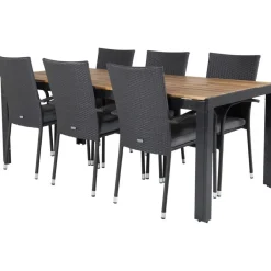 Ruokailuryhmä Venture Home, 205x90cm akaasia/musta Bois-pöytä + 6 mustaa, pinottavaa Anna-säätötuolia