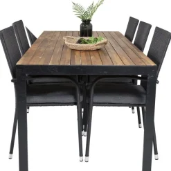 Ruokailuryhmä Venture Home, 205x90cm akaasia/musta Bois-pöytä + 6 mustaa, pinottavaa Anna-säätötuolia