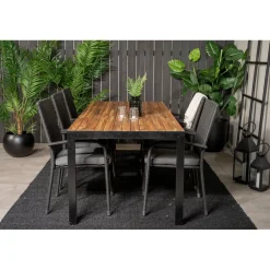Ruokailuryhmä Venture Home, 205x90cm akaasia/musta Bois-pöytä + 6 mustaa, pinottavaa Anna-säätötuolia