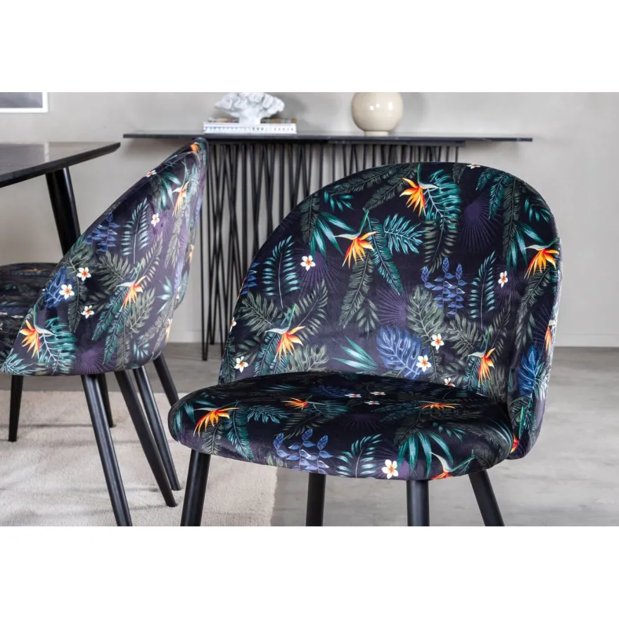 Ruokailuryhmä Venture Home, 180x90cm Dipp-pöytä + 6 mustaa Velvet-tuolia, kukkakuosi