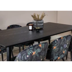 Ruokailuryhmä Venture Home, 180x90cm Dipp-pöytä + 6 mustaa Velvet-tuolia, kukkakuosi