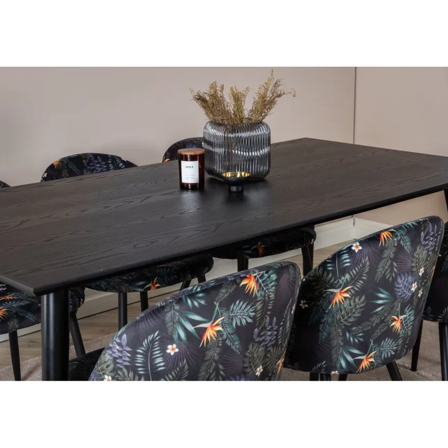 Ruokailuryhmä Venture Home, 180x90cm Dipp-pöytä + 6 mustaa Velvet-tuolia, kukkakuosi