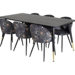 Ruokailuryhmä Venture Home, 180x90cm Dipp-pöytä + 6 mustaa Velvet-tuolia, kukkakuosi