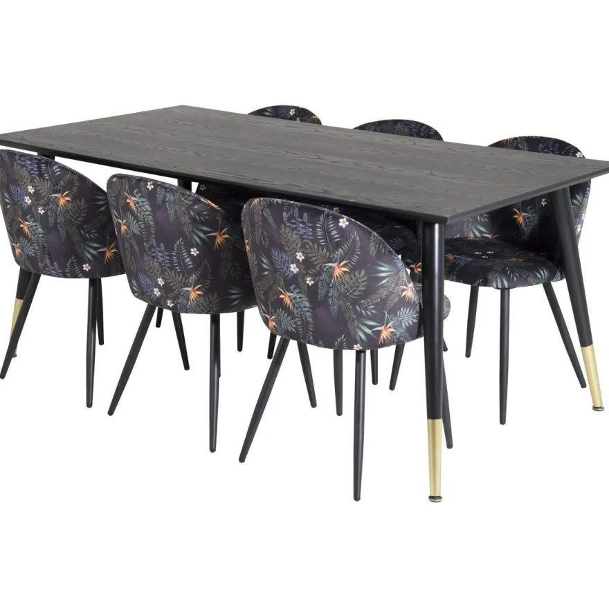 Ruokailuryhmä Venture Home, 180x90cm Dipp-pöytä + 6 mustaa Velvet-tuolia, kukkakuosi