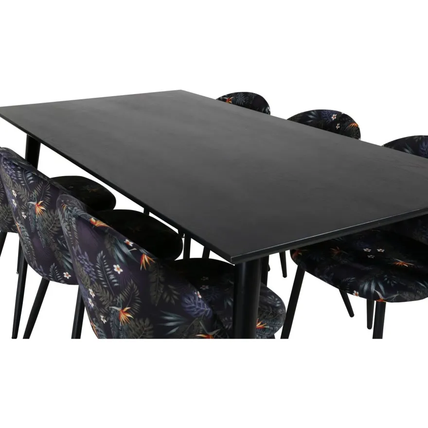 Ruokailuryhmä Venture Home, 180x90cm Dipp-pöytä + 6 mustaa Velvet-tuolia, kukkakuosi