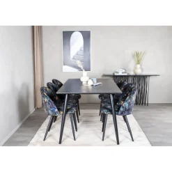 Ruokailuryhmä Venture Home, 180x90cm Dipp-pöytä + 6 mustaa Velvet-tuolia, kukkakuosi