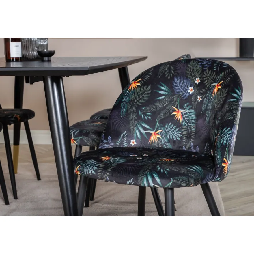 Ruokailuryhmä Venture Home, 180x90cm Dipp-pöytä + 6 mustaa Velvet-tuolia, kukkakuosi