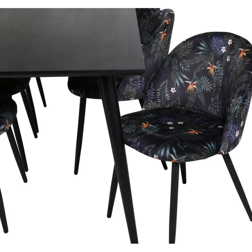 Ruokailuryhmä Venture Home, 180x90cm Dipp-pöytä + 6 mustaa Velvet-tuolia, kukkakuosi