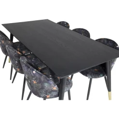 Ruokailuryhmä Venture Home, 180x90cm Dipp-pöytä + 6 mustaa Velvet-tuolia, kukkakuosi