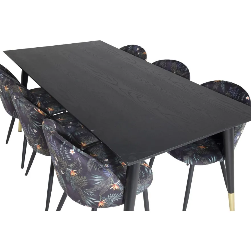 Ruokailuryhmä Venture Home, 180x90cm Dipp-pöytä + 6 mustaa Velvet-tuolia, kukkakuosi