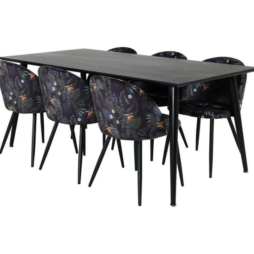 Ruokailuryhmä Venture Home, 180x90cm Dipp-pöytä + 6 mustaa Velvet-tuolia, kukkakuosi