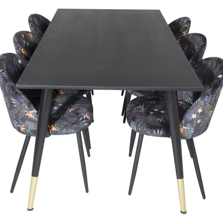 Ruokailuryhmä Venture Home, 180x90cm Dipp-pöytä + 6 mustaa Velvet-tuolia, kukkakuosi