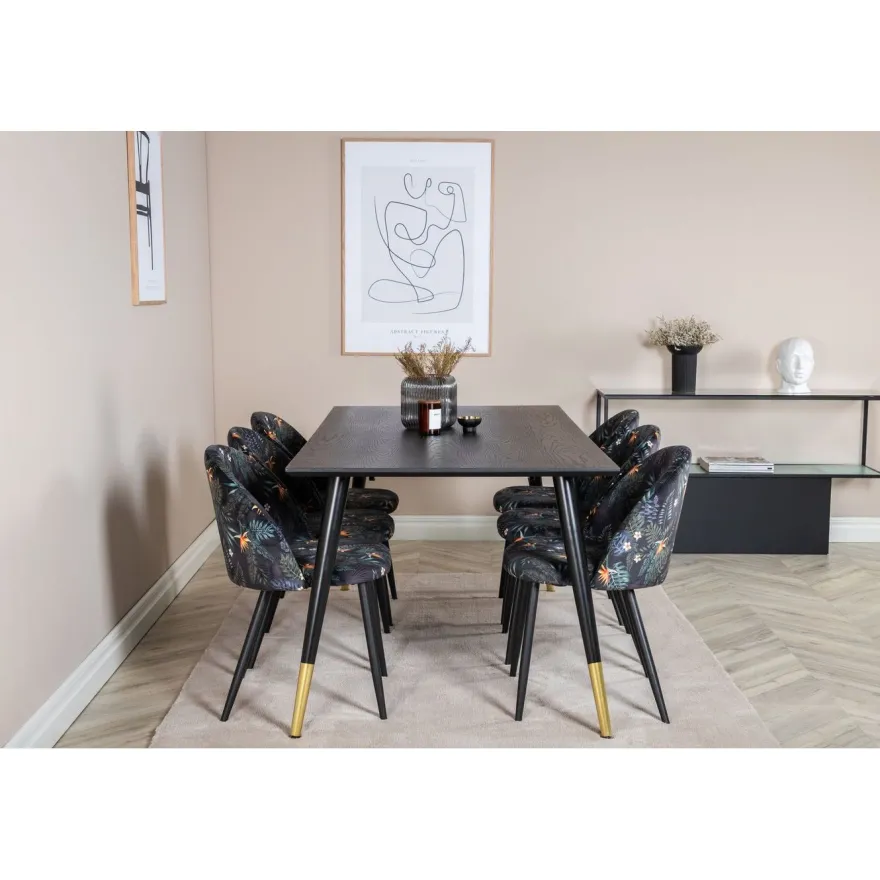 Ruokailuryhmä Venture Home, 180x90cm Dipp-pöytä + 6 mustaa Velvet-tuolia, kukkakuosi