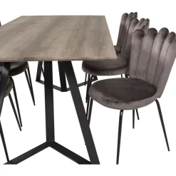 Ruokailuryhmä Venture Home, 180x90cm harmaa/musta Marina-pöytä+ 6 harmaata Limhamn Light -tuolia, sametti