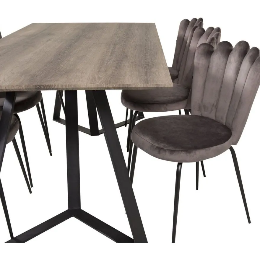 Ruokailuryhmä Venture Home, 180x90cm harmaa/musta Marina-pöytä+ 6 harmaata Limhamn Light -tuolia, sametti