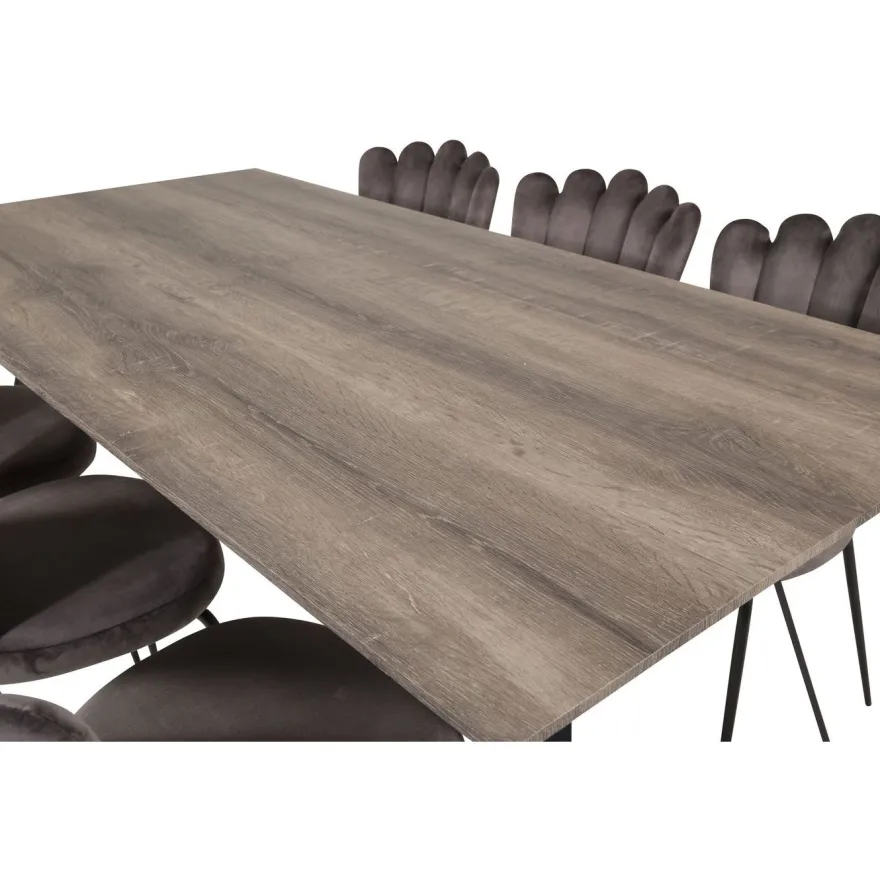 Ruokailuryhmä Venture Home, 180x90cm harmaa/musta Marina-pöytä+ 6 harmaata Limhamn Light -tuolia, sametti