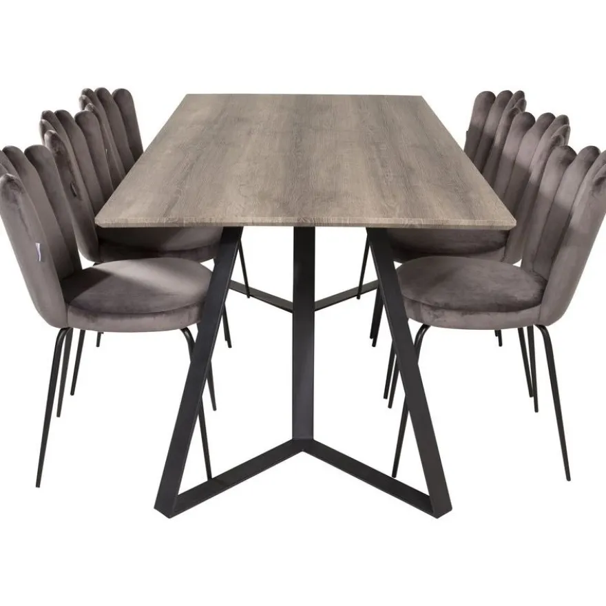 Ruokailuryhmä Venture Home, 180x90cm harmaa/musta Marina-pöytä+ 6 harmaata Limhamn Light -tuolia, sametti