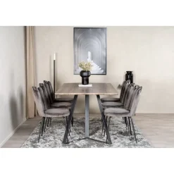 Ruokailuryhmä Venture Home, 180x90cm harmaa/musta Marina-pöytä+ 6 harmaata Limhamn Light -tuolia, sametti