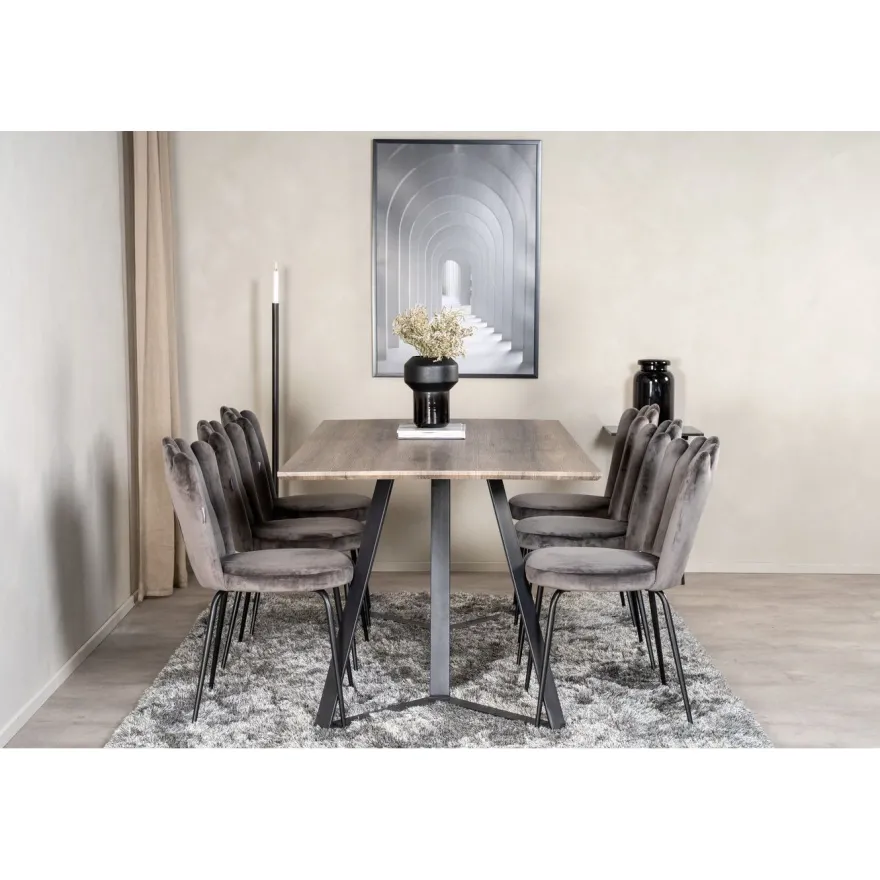 Ruokailuryhmä Venture Home, 180x90cm harmaa/musta Marina-pöytä+ 6 harmaata Limhamn Light -tuolia, sametti