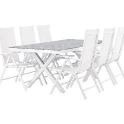 Ruokailuryhmä Venture Home, 200x100cm harmaa/valkoinen Garcia-pöytä + 6 valkoista Break-tuolia