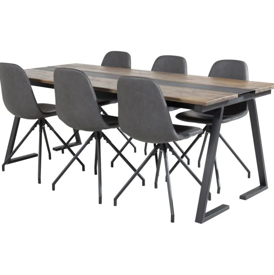 Ruokailuryhmä Venture Home, 200x90cm Jakarta-pöytä + 6 mustaa Polar-tuolia, pyörimisominaisuus, keinonahka
